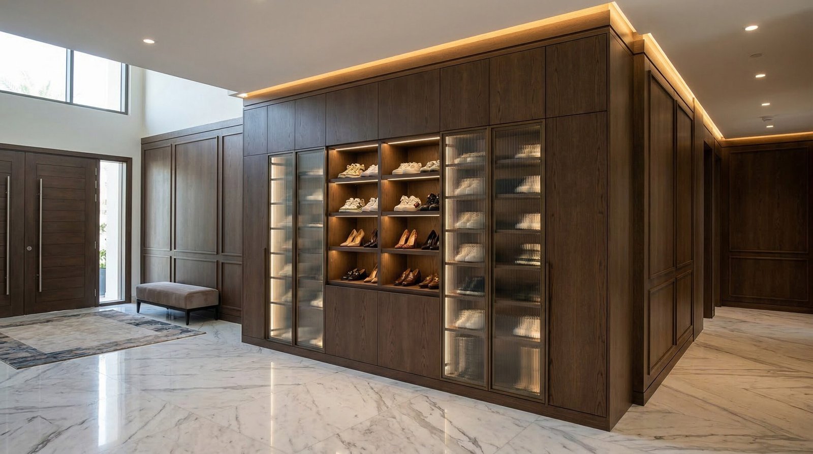 Showcase Karnak bespoke floor-to-ceiling shoe storage wall with fluted glass doors and cove lighting in Emirates Hills Dubai villa