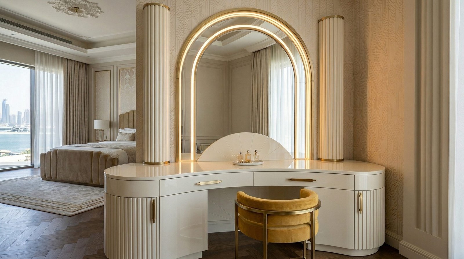Curved Art Deco built-in dressing table in high-gloss ivory lacquer with arched gold-framed mirror and fluted pilasters in Jumeirah villa by Karnak Carpentry UAE