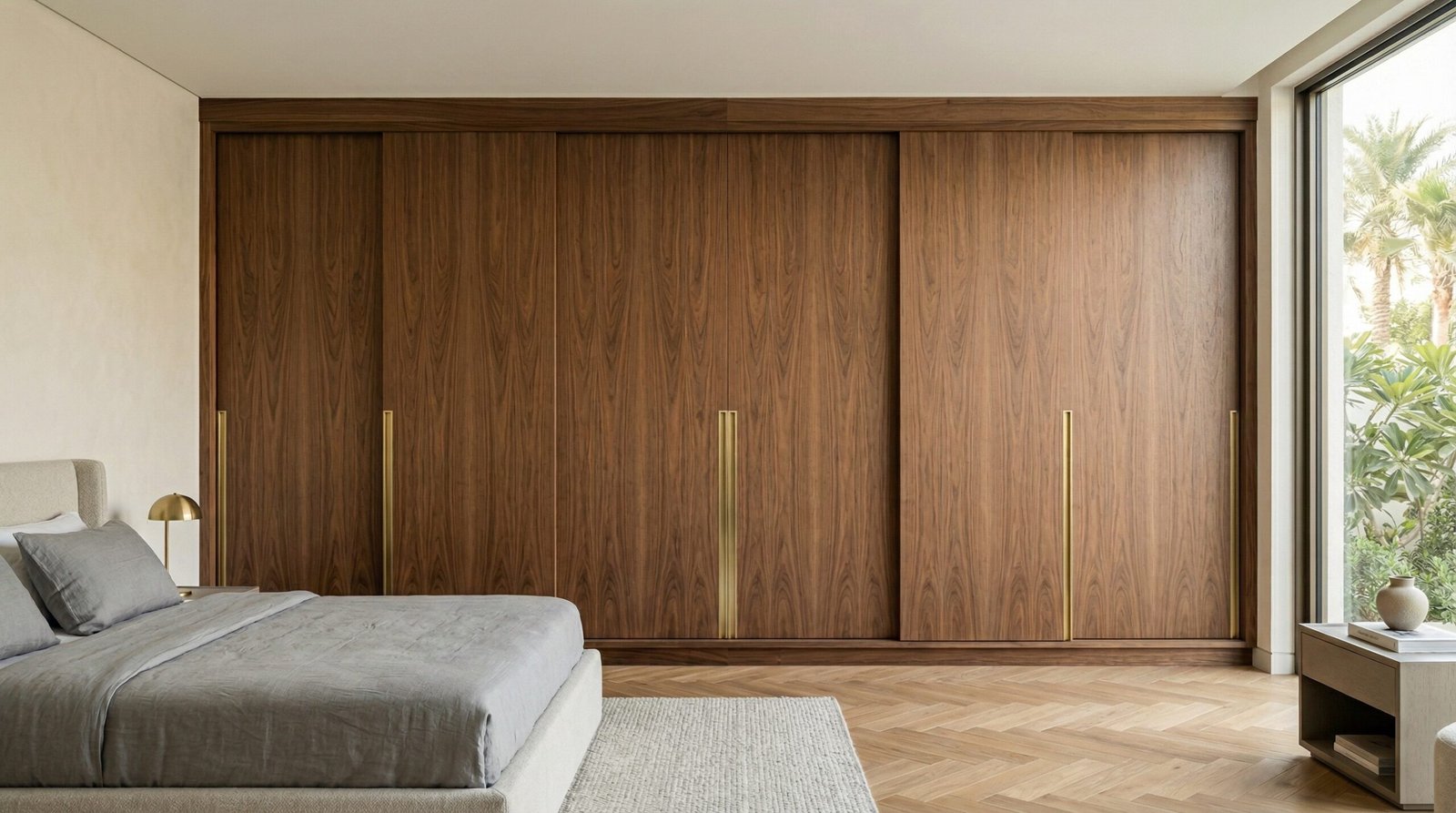 Floor-to-ceiling built-in six-panel sliding wardrobe in bookmatched American walnut veneer installed in Jumeirah villa master bedroom by Karnak Carpentry Dubai UAE