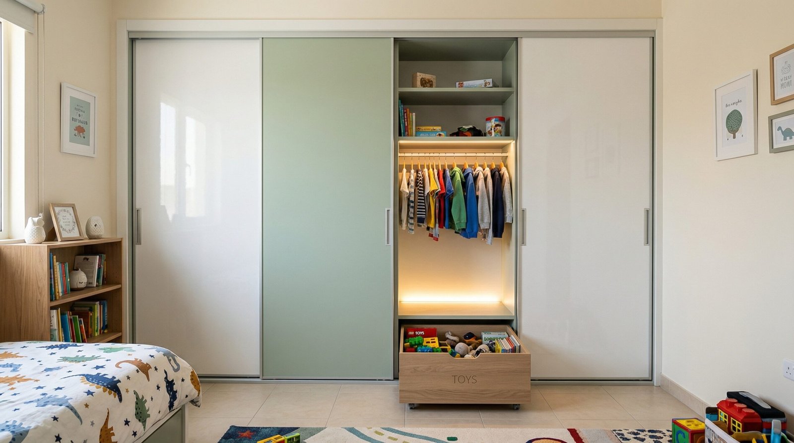 Children's bedroom sliding wardrobe with white and sage lacquer panels and child-accessible hanging rail installed in The Springs townhouse Dubai by Karnak Carpentry UAE