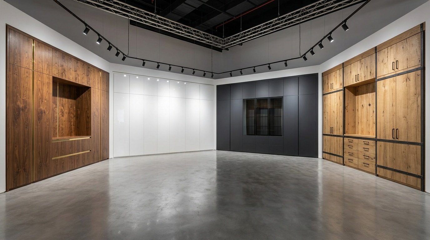 Multi-finish commercial joinery showroom demonstrating Karnak Carpentry's 35-year expertise across wood, lacquer, and glass installations in the UAE
