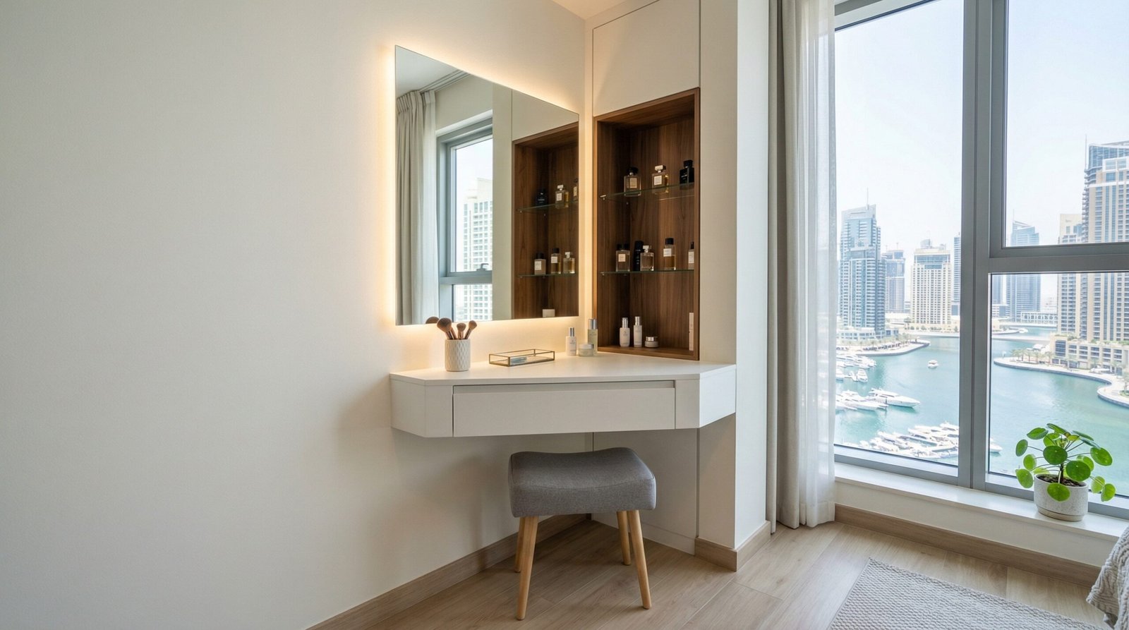 Compact corner built-in dressing table in matte white lacquer with backlit mirror installed in Dubai Marina apartment by Karnak Carpentry UAE space-saving solution
