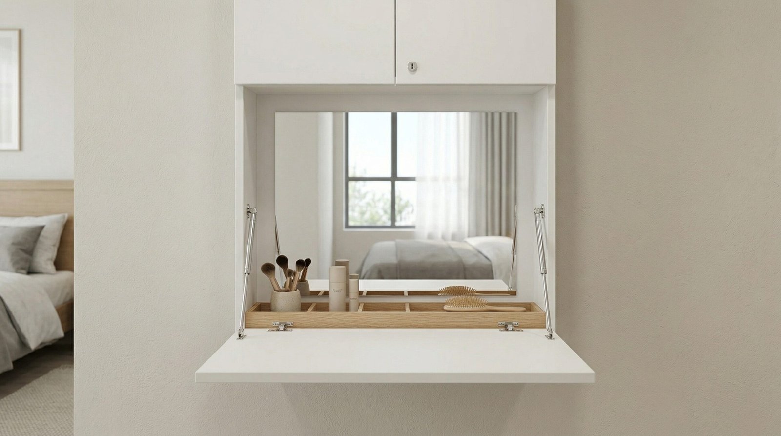 Compact fold-down built-in dressing table in matte white lacquer with mirror inside lid installed in Mirdif apartment by Karnak Carpentry Dubai UAE space-saving solution