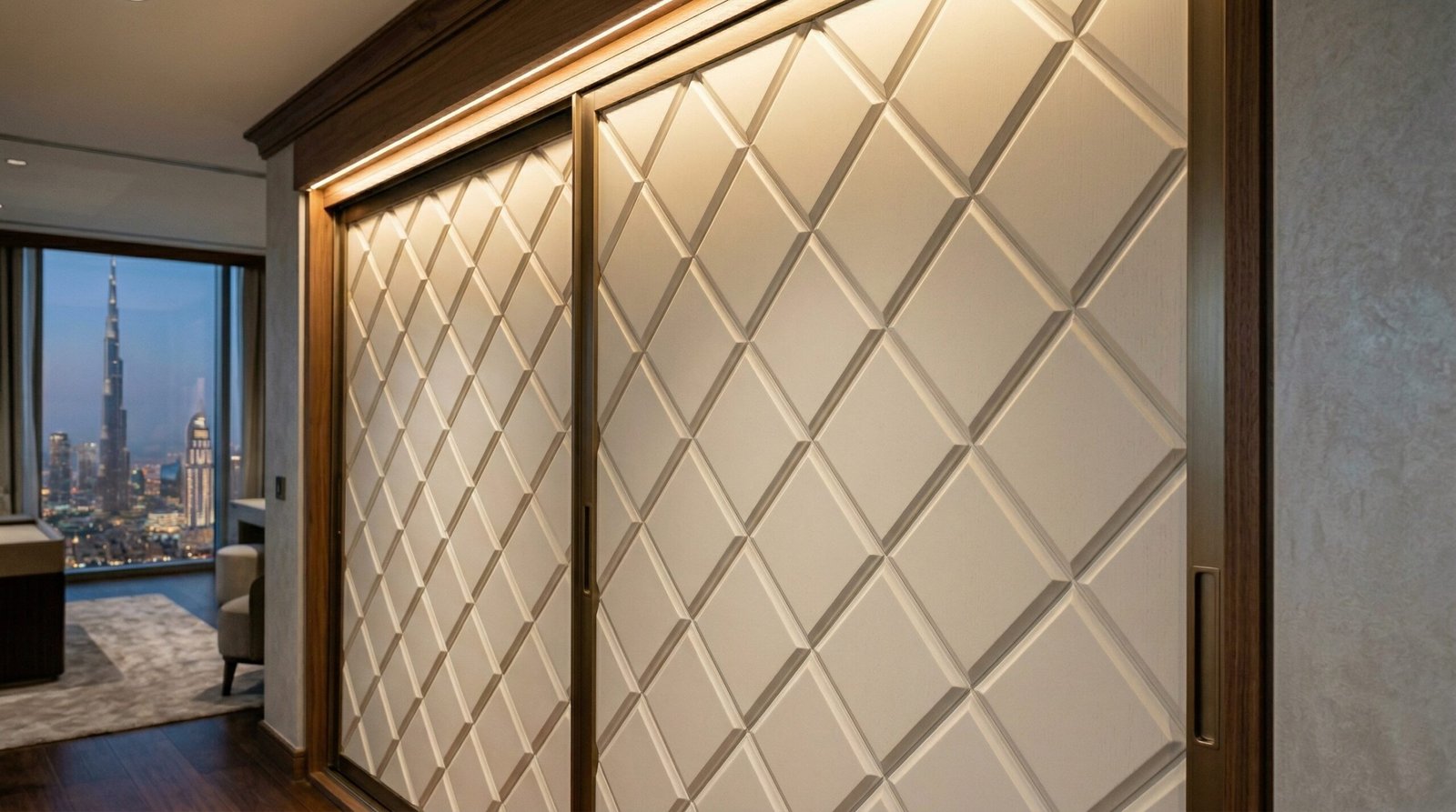 Custom CNC-routed geometric diamond pattern on sliding wardrobe door panel in matte ivory lacquer installed in Downtown Dubai penthouse by Karnak Carpentry UAE