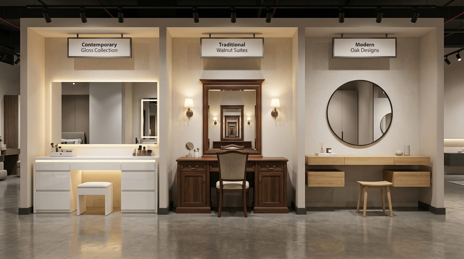 Three custom dressing table styles in white gloss, walnut veneer and floating oak displayed in Karnak Carpentry Dubai showroom UAE configurations