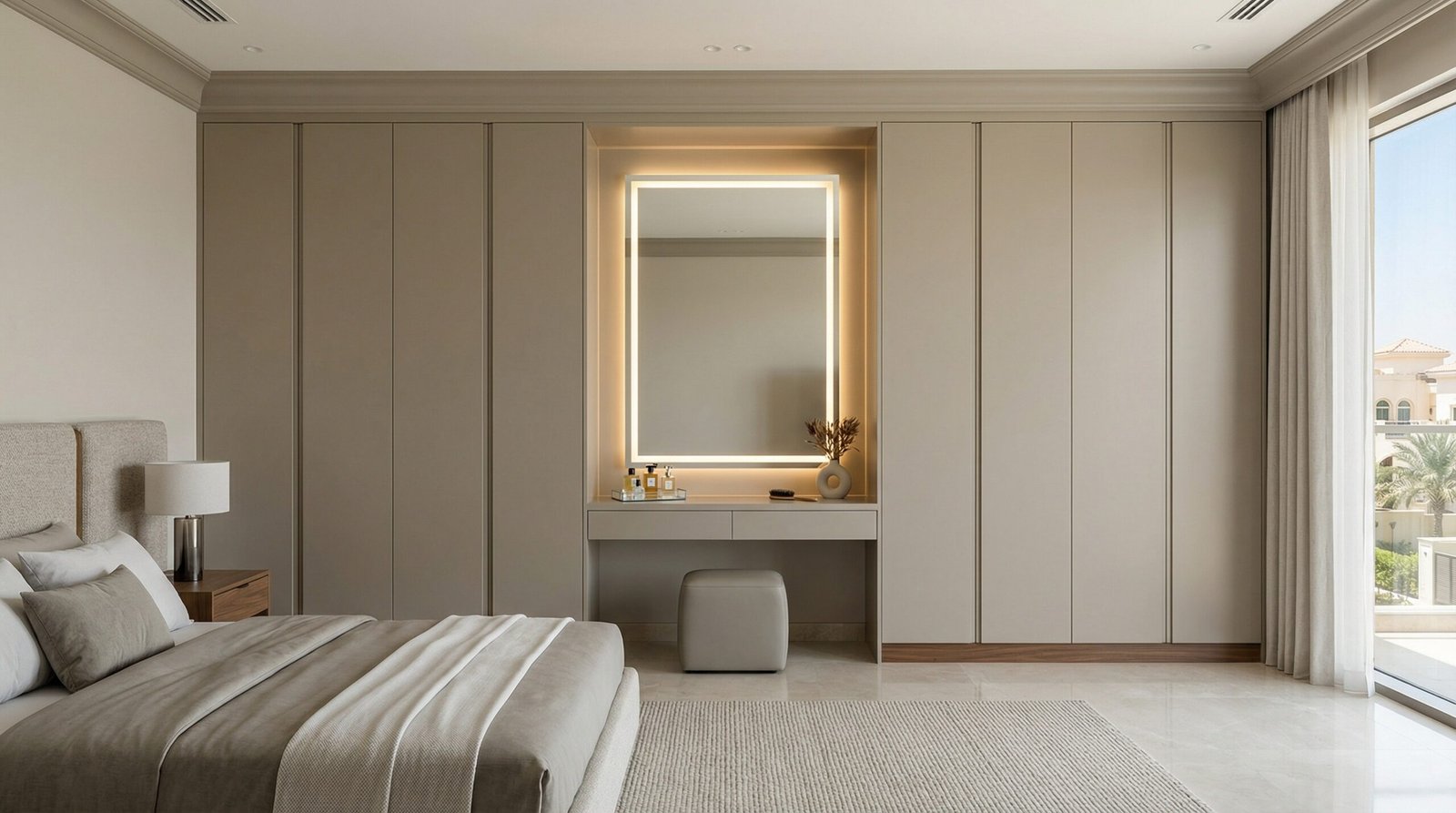 Dressing table integrated into continuous bedroom joinery wall with matching wardrobe panels and unified cornice in Abu Dhabi villa by Karnak Carpentry UAE