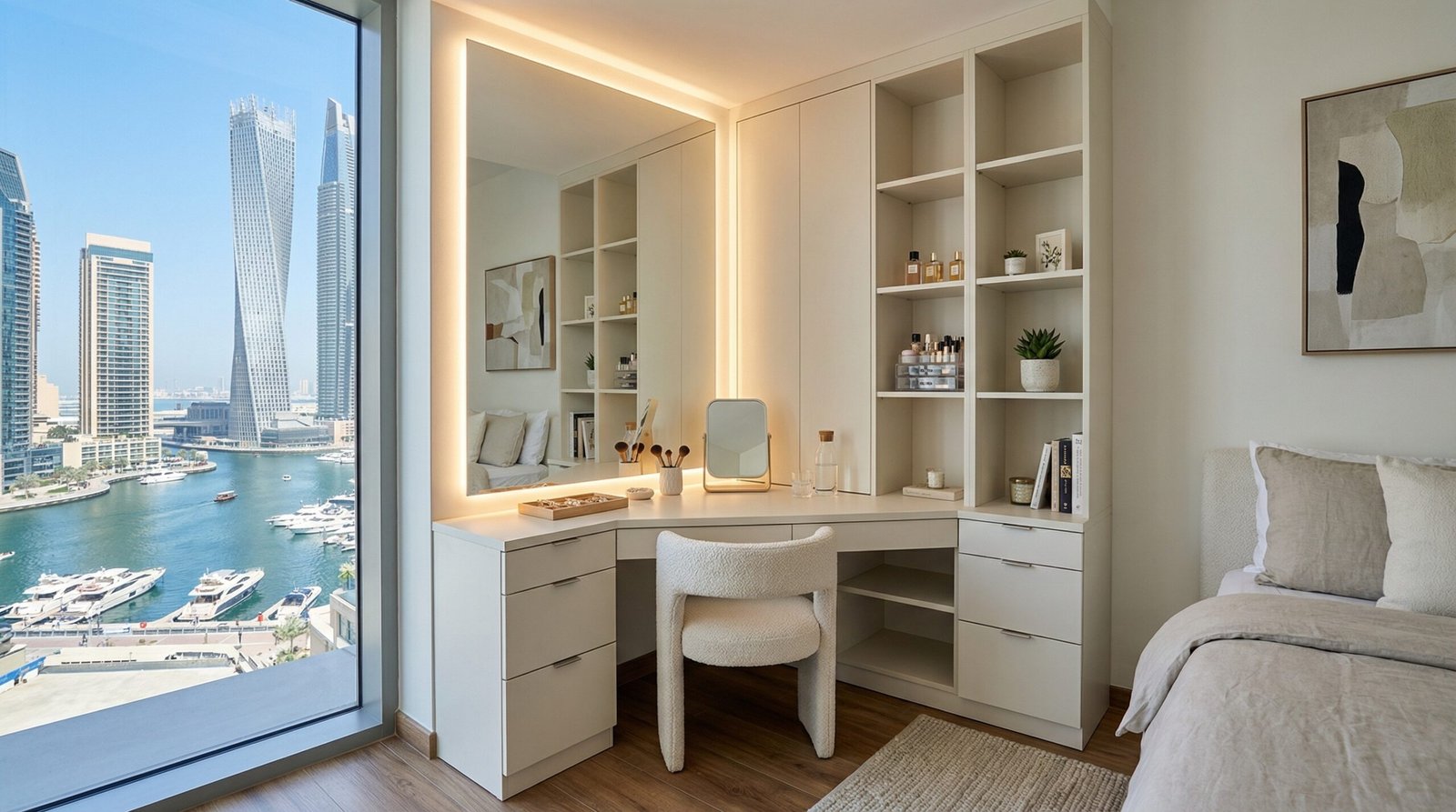 Angled corner built-in dressing table bridging two walls in matte white lacquer solving awkward bedroom space in Dubai Marina apartment by Karnak Carpentry UAE