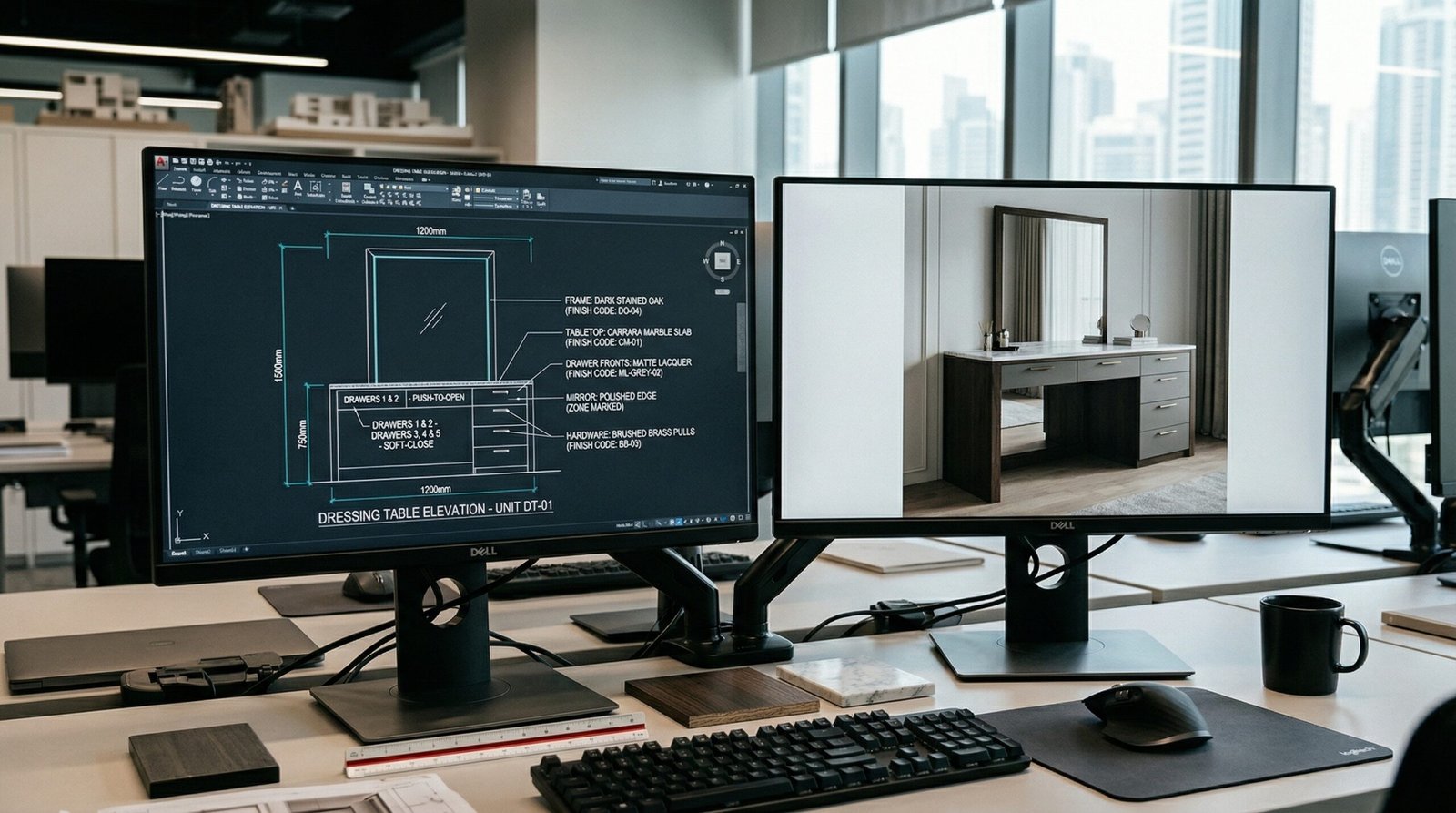 CAD dressing table elevation drawing with dimensions and 3D render on design workstation at Karnak Carpentry Dubai UAE design studio development stage