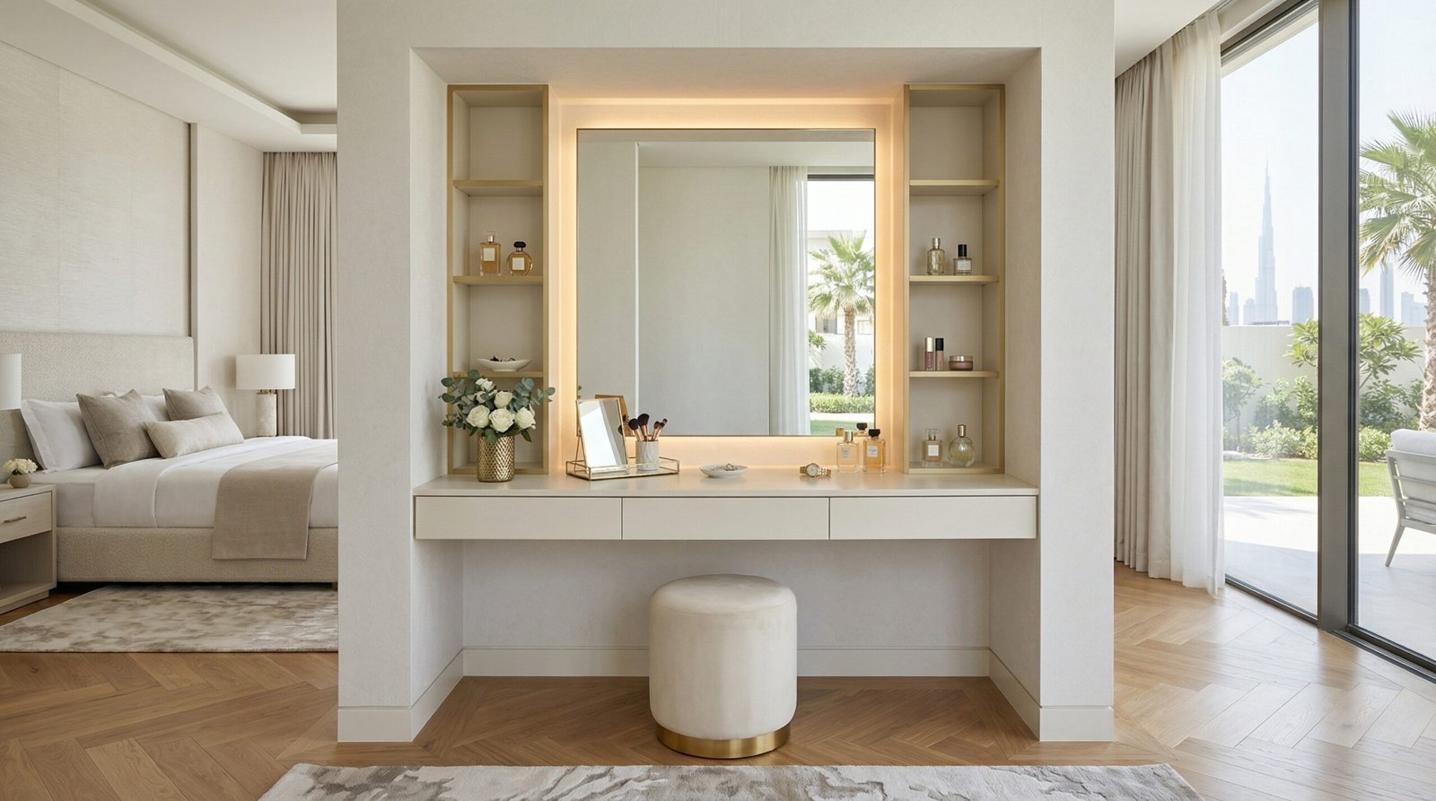 Built-in dressing table in matte ivory lacquer with backlit mirror and open shelving installed in Dubai Hills villa master bedroom by Karnak Carpentry UAE