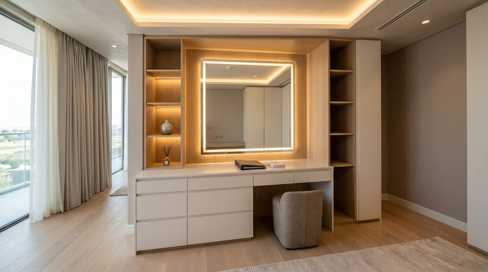 Completed built-in dressing table at final inspection and handover stage with Karnak warranty card on desktop in Meydan villa Dubai by Karnak Carpentry UAE