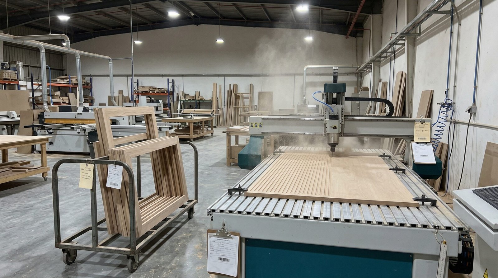 In-house CNC routing of fluted groove detail on dressing table desktop panel at Karnak Carpentry Al Quoz Dubai UAE manufacturing facility