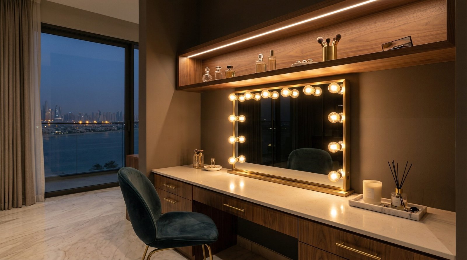 Hollywood backlit mirror and recessed LED shelf lighting on built-in dressing table installed in Palm Jumeirah villa by Karnak Carpentry Dubai UAE