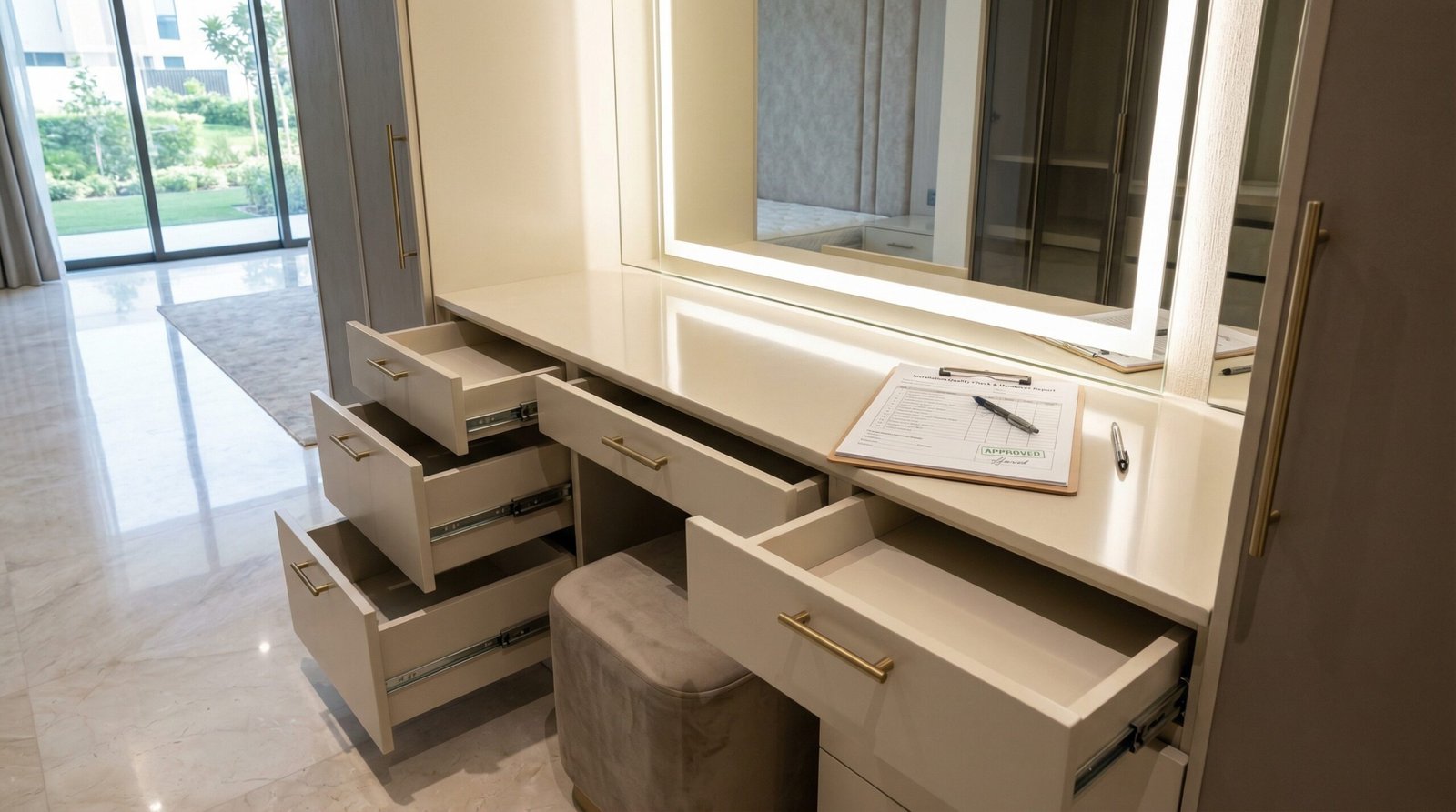 Post-installation quality check on completed built-in dressing table with open drawers and flawless lacquer inspection in Dubai Hills villa by Karnak Carpentry UAE after-sales support