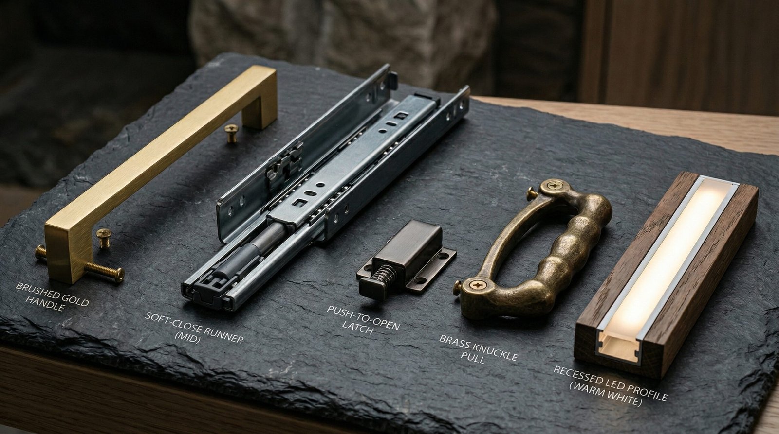 Premium dressing table hardware including brushed gold handles, Blum soft-close drawer runner and touch-latch mechanism specified by Karnak Carpentry Dubai UAE