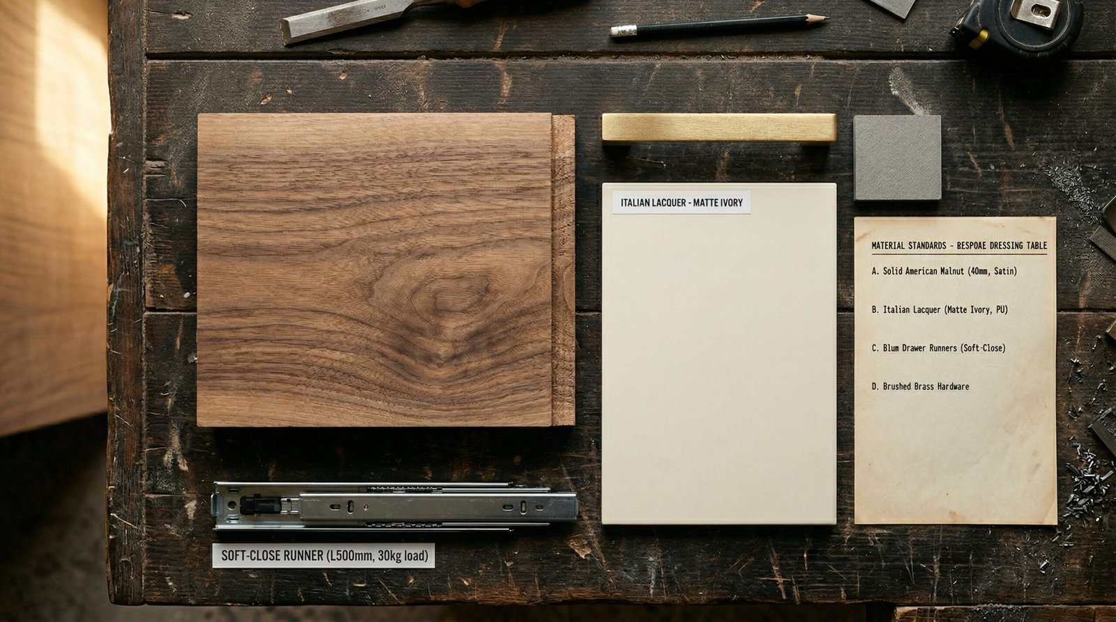 Premium dressing table material quality samples including solid walnut, Italian lacquer, Blum hardware and brushed brass at Karnak Carpentry Al Quoz Dubai UAE