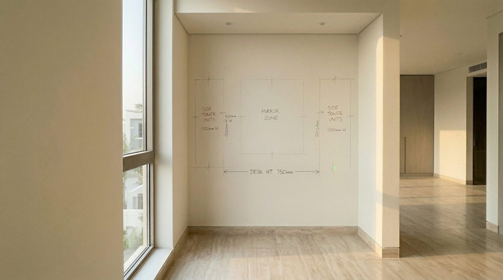 Initial dressing table consultation stage with pencil wall markings and laser level at Dubai villa blank alcove by Karnak Carpentry UAE project manager