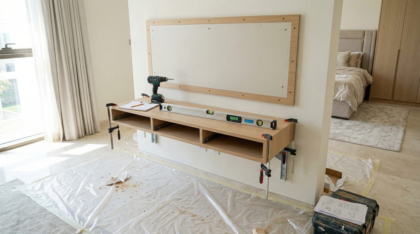 Dressing table installation in progress with wall bracket system and digital level check at Jumeirah villa by Karnak Carpentry Dubai UAE professional team