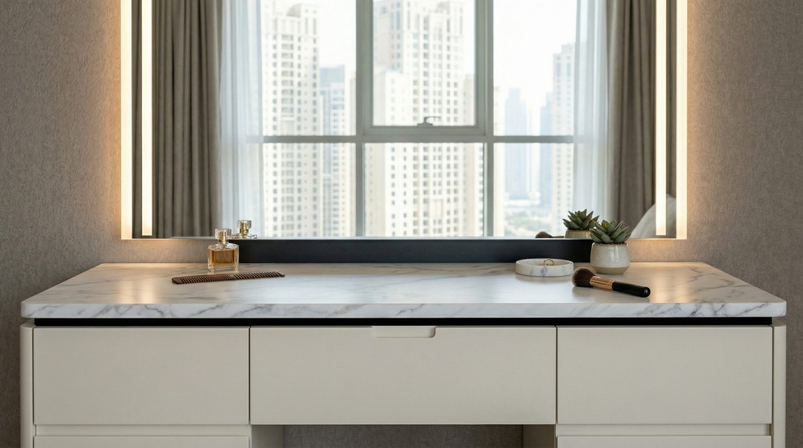 Calacatta marble-effect sintered stone dressing table countertop with eased edge and LED perimeter strip in JBR apartment by Karnak Carpentry Dubai UAE