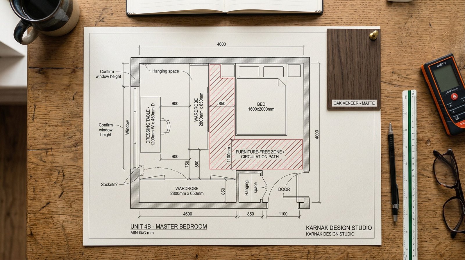 Bedroom space planning floor plan with dressing table position clearance dimensions and layout annotations at Karnak Carpentry Dubai design studio UAE