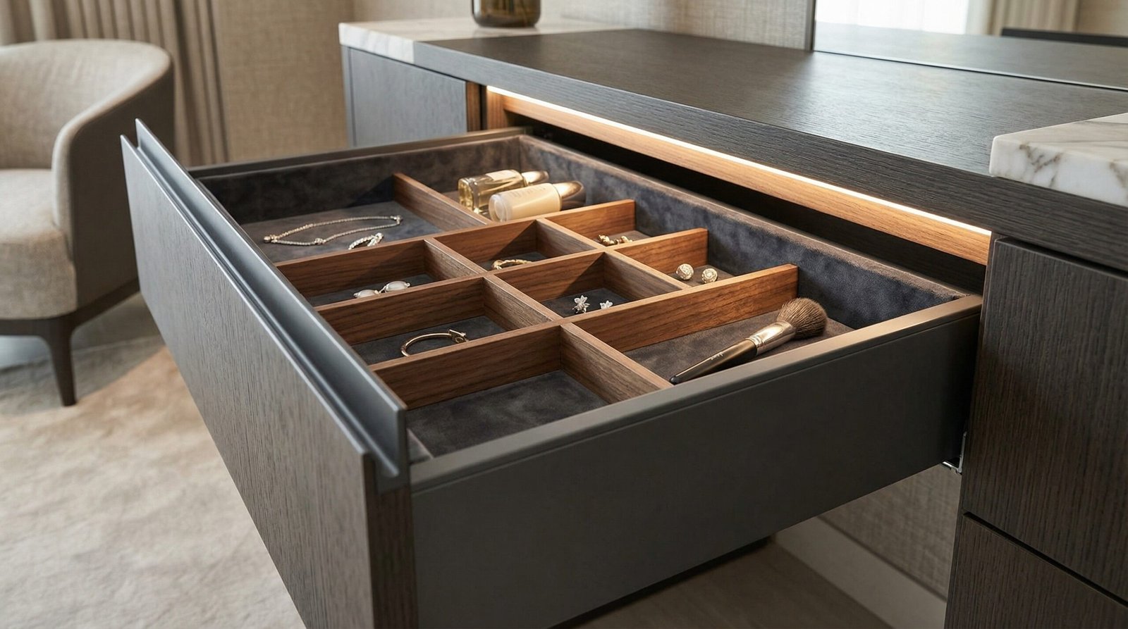 Velvet-lined dressing table drawer with custom divider grid and Blum Legrabox soft-close mechanism in Abu Dhabi villa by Karnak Carpentry UAE