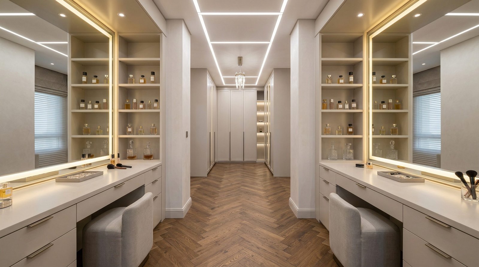Contemporary dual-sided dressing room with two facing built-in dressing tables in stone lacquer installed in Jumeirah Islands villa by Karnak Carpentry Dubai UAE