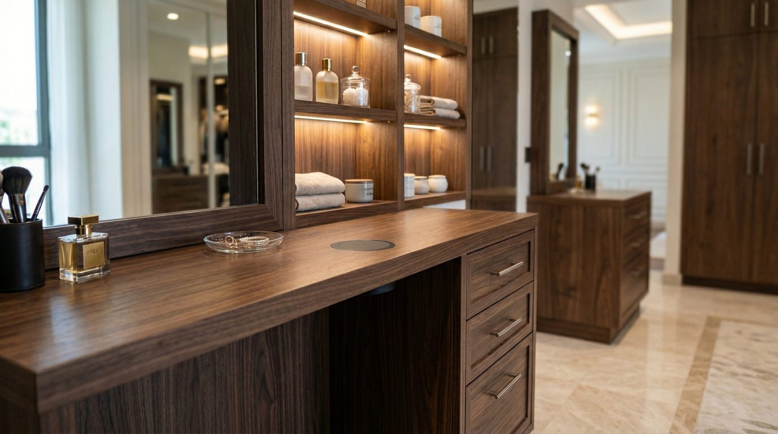 Dual dressing table side in dark walnut veneer with integrated wireless charging pad and LED shelving in Arabian Ranches villa by Karnak Carpentry UAE
