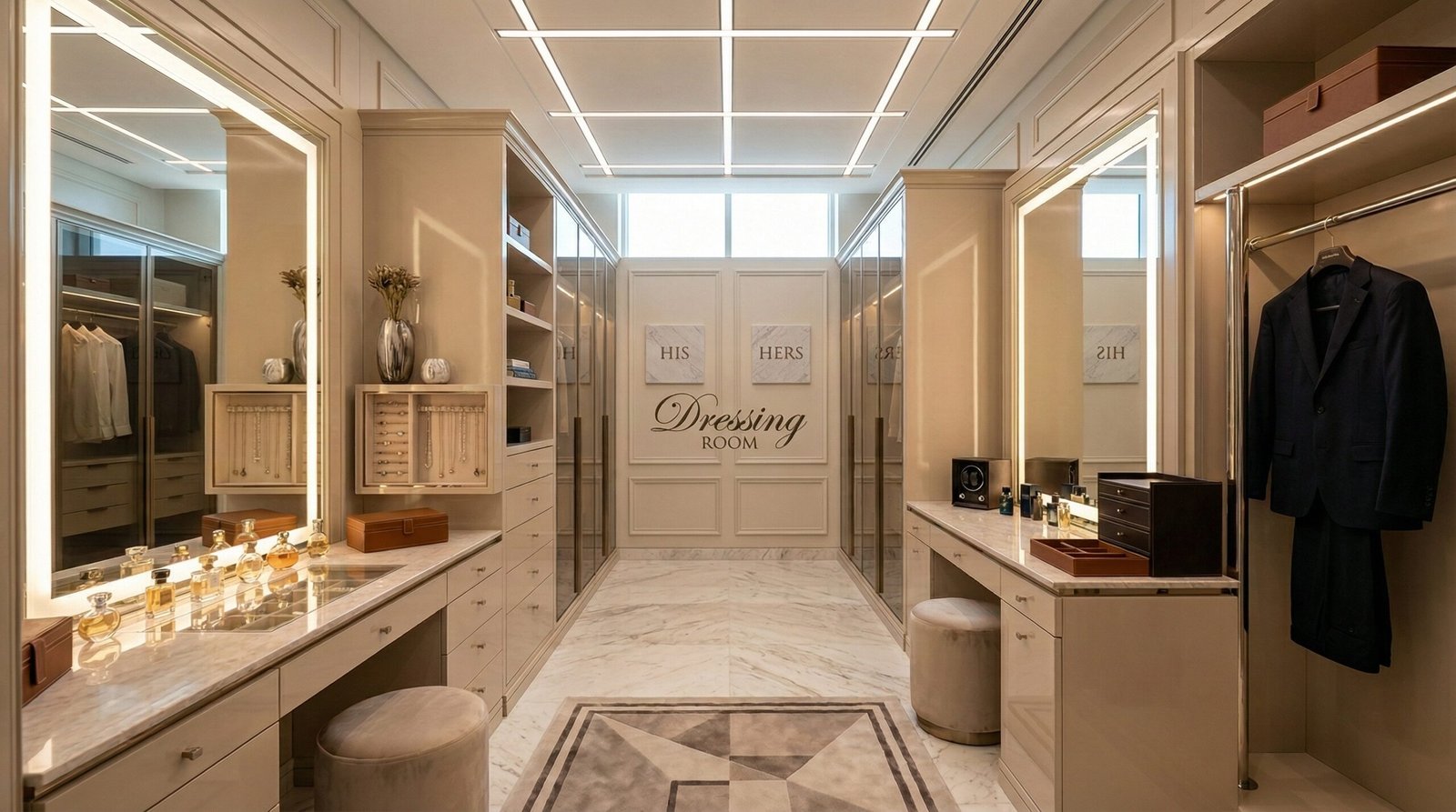 Dual-sided shared dressing room with two facing built-in dressing tables in champagne lacquer installed in Jumeirah Islands villa by Karnak Carpentry Dubai UAE