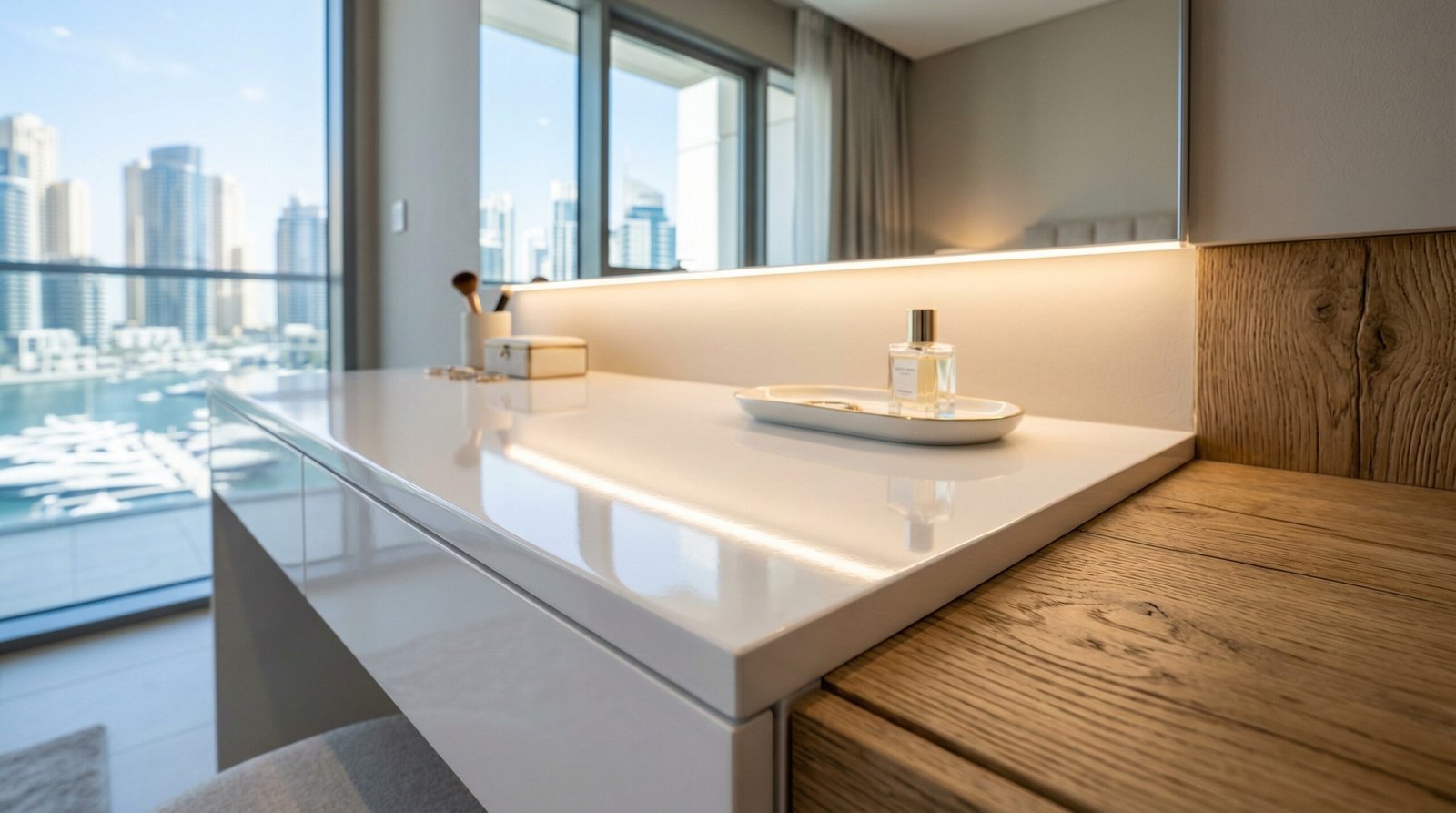 Engineered moisture-resistant MDF dressing table in flawless high-gloss white lacquer with square edge detail installed in Dubai Marina by Karnak Carpentry UAE