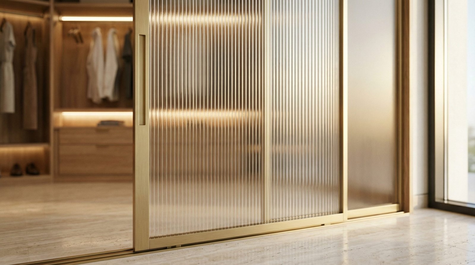 Frosted fluted reed glass sliding wardrobe door panel with brushed gold aluminium frame installed in Palm Jumeirah villa by Karnak Carpentry Dubai UAE