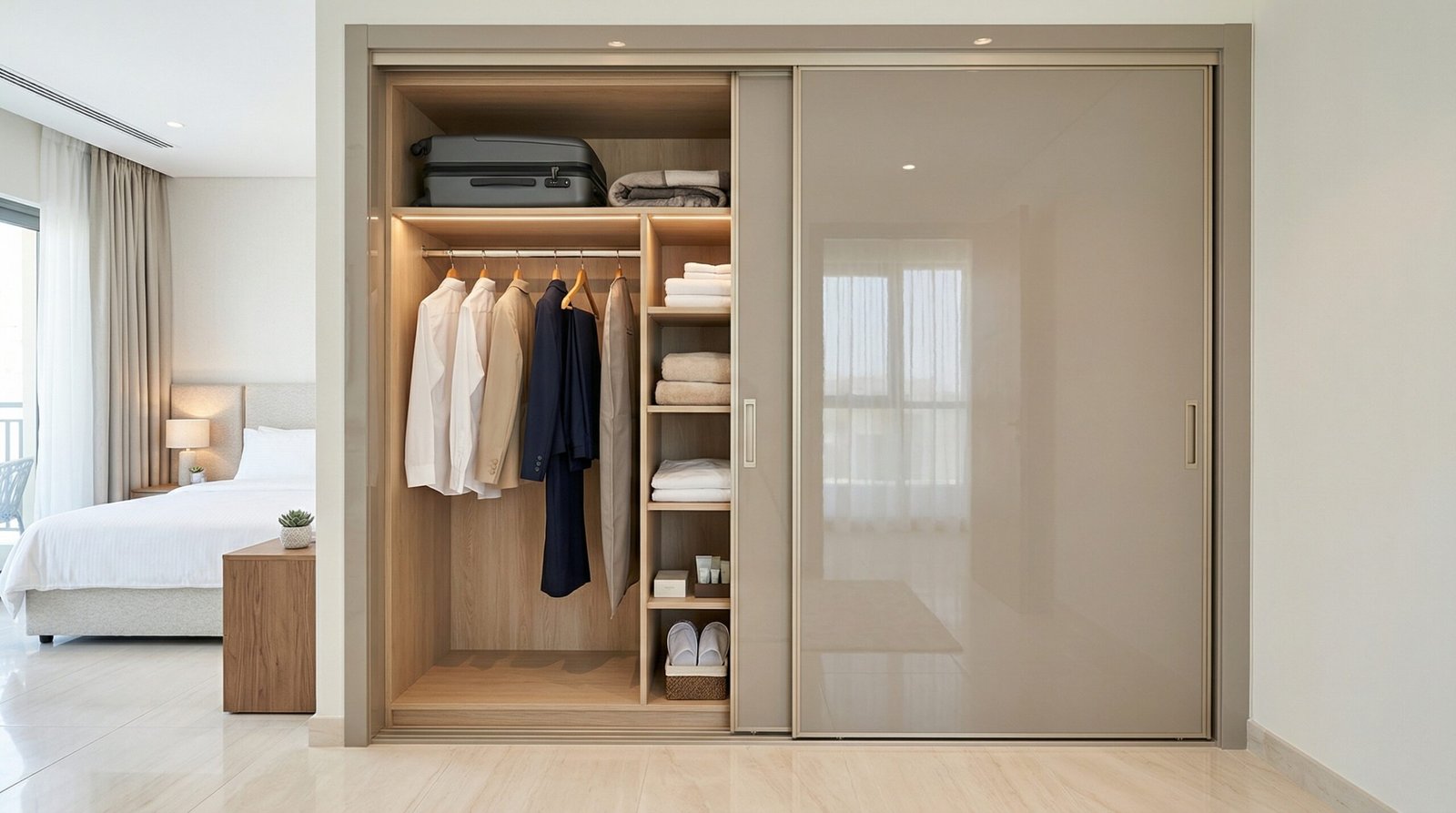 Guest room two-panel sliding wardrobe in greige high-gloss lacquer with hotel-quality interior and luggage shelf installed in Dubai Silicon Oasis villa by Karnak Carpentry