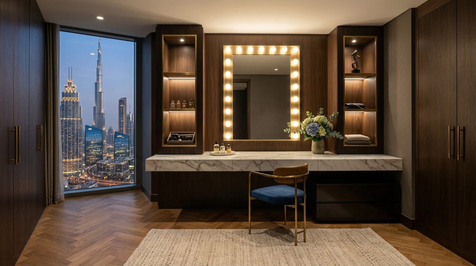 Luxury hotel-inspired dressing area with Calacatta sintered stone desktop and Hollywood LED mirror installed in DIFC apartment by Karnak Carpentry Dubai UAE