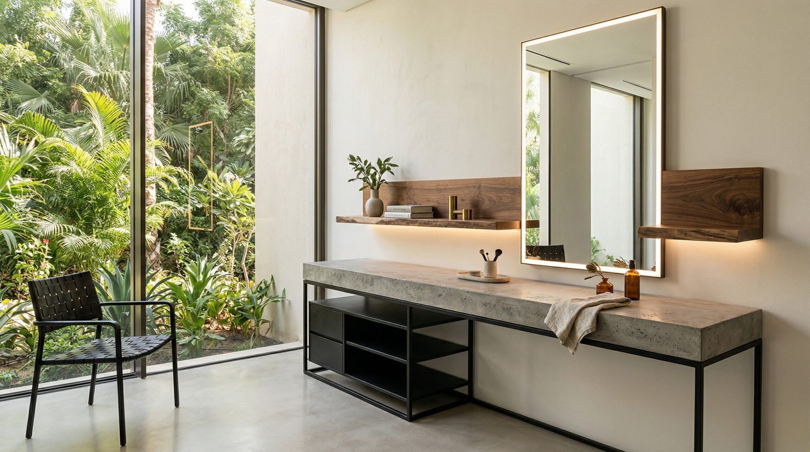 Minimalist concrete-look sintered stone and solid walnut built-in dressing table with LED mirror installed in Al Barari villa by Karnak Carpentry Dubai UAE