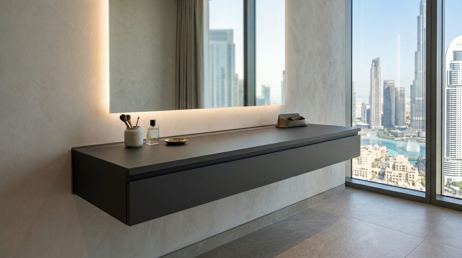 Sleek built-in dressing table in matte charcoal lacquer with backlit mirror and push-to-open drawer installed in Downtown Dubai apartment by Karnak Carpentry UAE
