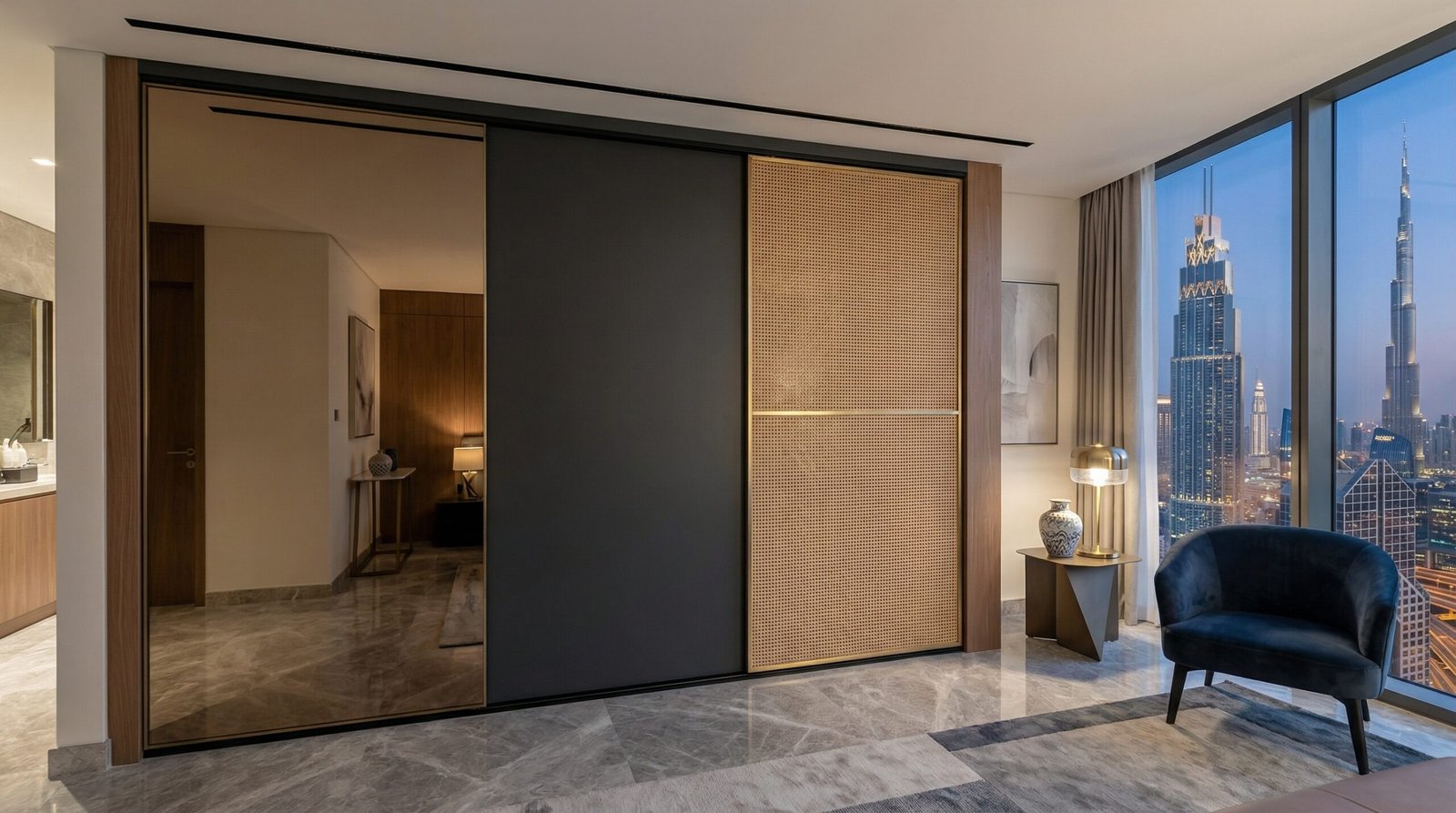 Mixed-material sliding wardrobe with smoked bronze mirror, charcoal lacquer and cane-webbing panels installed in DIFC apartment by Karnak Carpentry Dubai UAE
