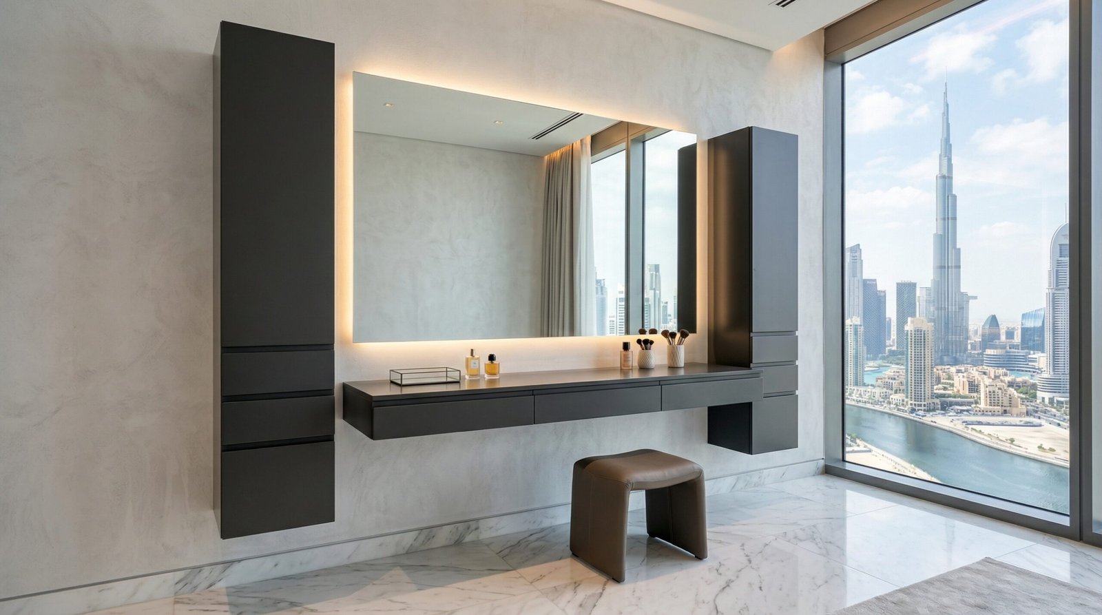 Modern floating dressing table in dark graphite lacquer with LED backlit mirror and push-to-open side towers in Business Bay tower by Karnak Carpentry Dubai UAE
