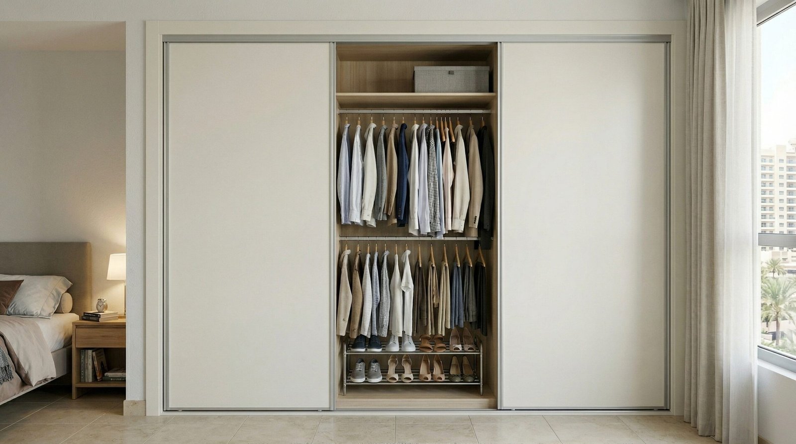 Reach-in three-panel sliding wardrobe in off-white thermofoil with double-hang interior and pull-out shoe rack installed in Mirdif apartment by Karnak Carpentry Dubai