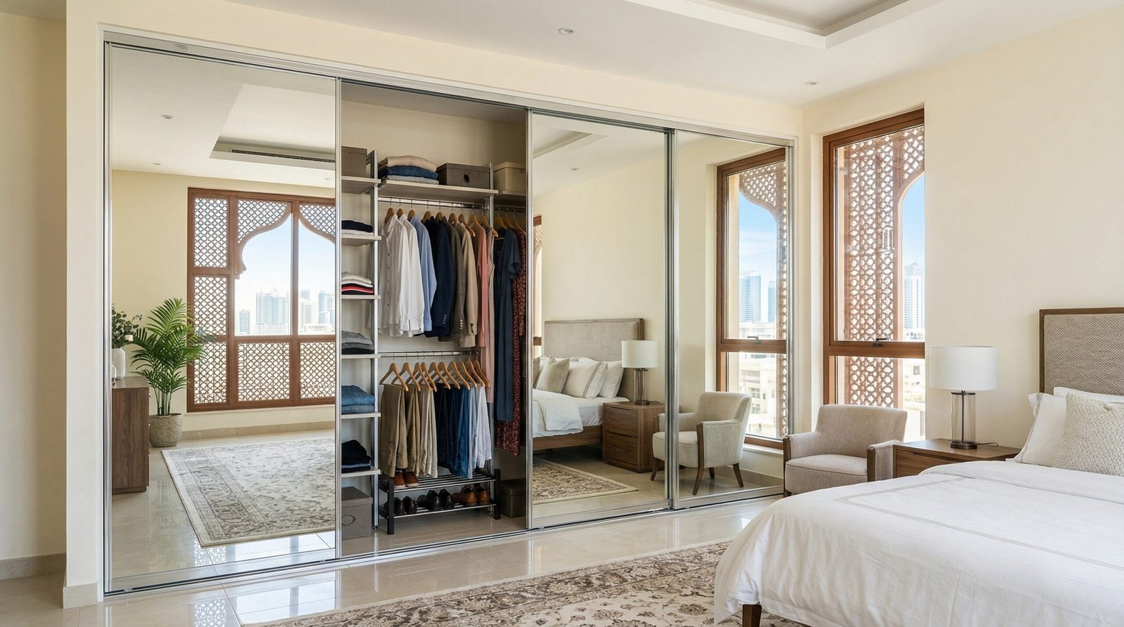 Four-panel floor-to-ceiling sliding mirror wardrobe in slim chrome frame installed in Abu Dhabi apartment master bedroom by Karnak Carpentry UAE