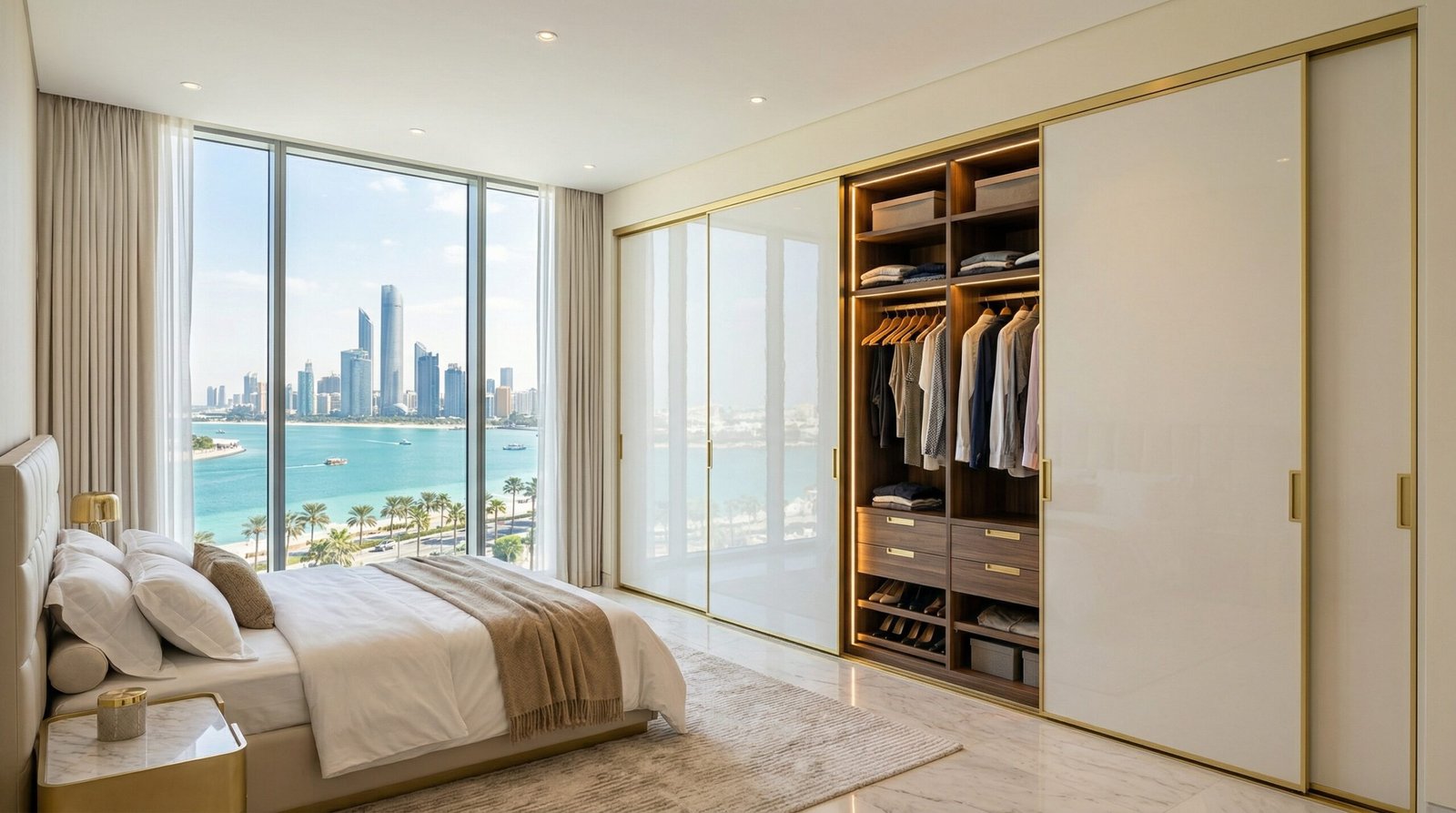 Four-panel pearl white lacquer sliding wardrobe with gold aluminium frame in Abu Dhabi Corniche high-rise apartment installed by Karnak Carpentry UAE