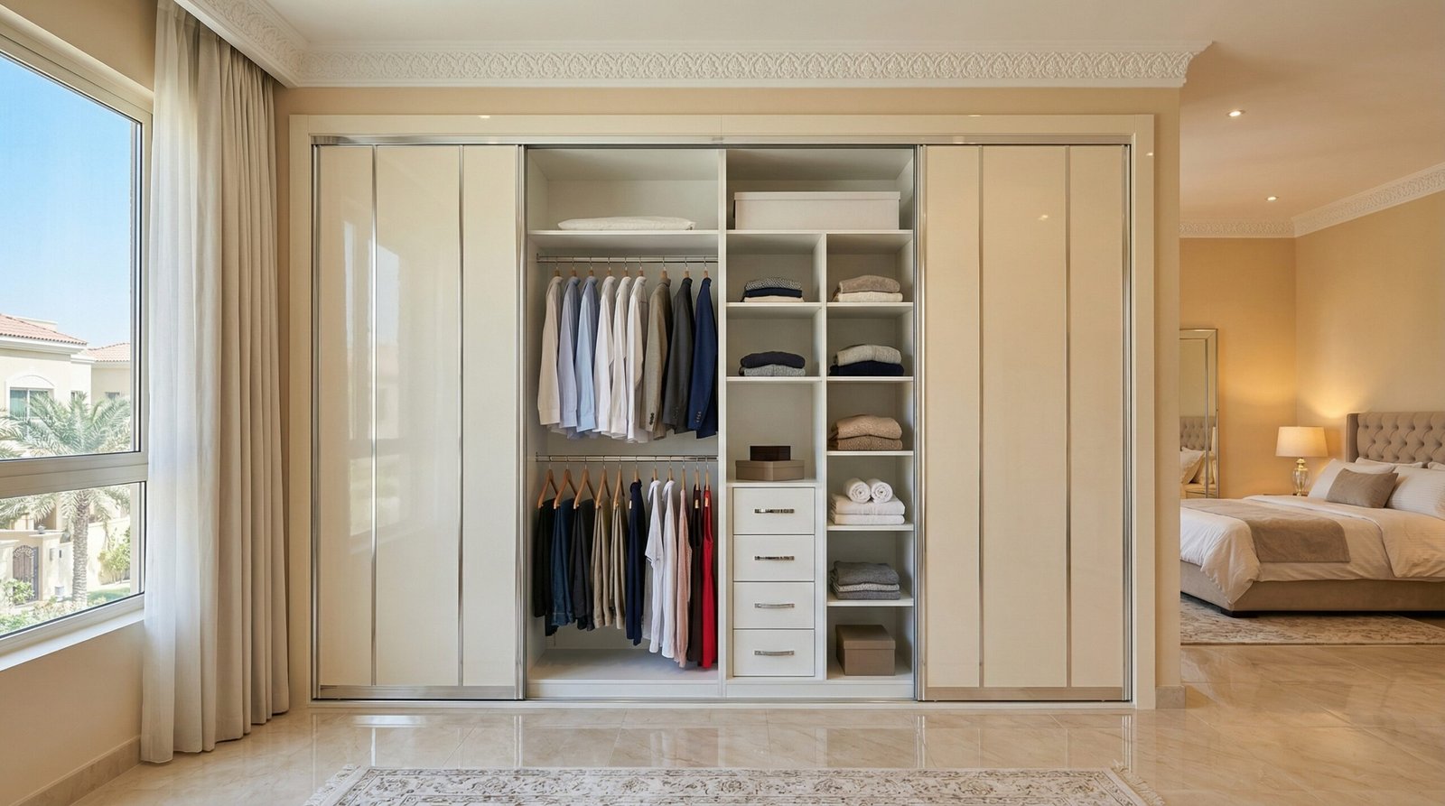 Four-panel high-gloss ivory sliding wardrobe with Arabic cornice detail and double-hang interior installed in Al Barsha villa Dubai by Karnak Carpentry UAE