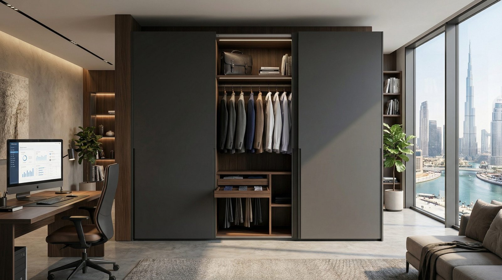 Matte charcoal handleless sliding wardrobe with suit hanging and tie drawer installed in Business Bay office-home apartment by Karnak Carpentry Dubai UAE
