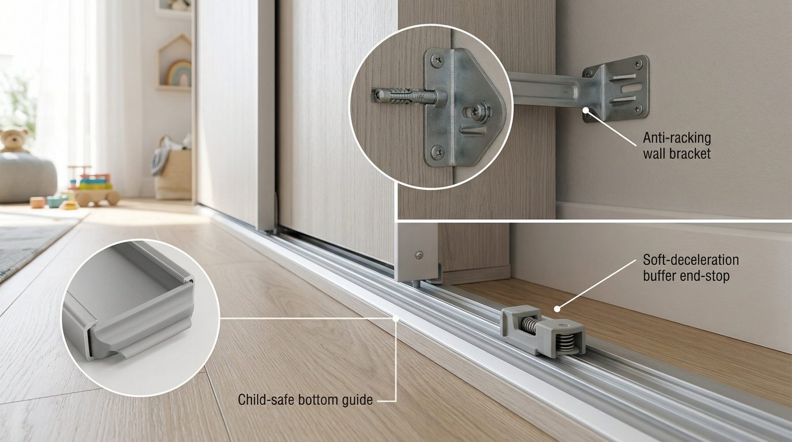 Child-safety anti-tip bracket, finger-guard bottom guide and soft-deceleration buffer on sliding wardrobe installation in Dubai villa by Karnak Carpentry UAE