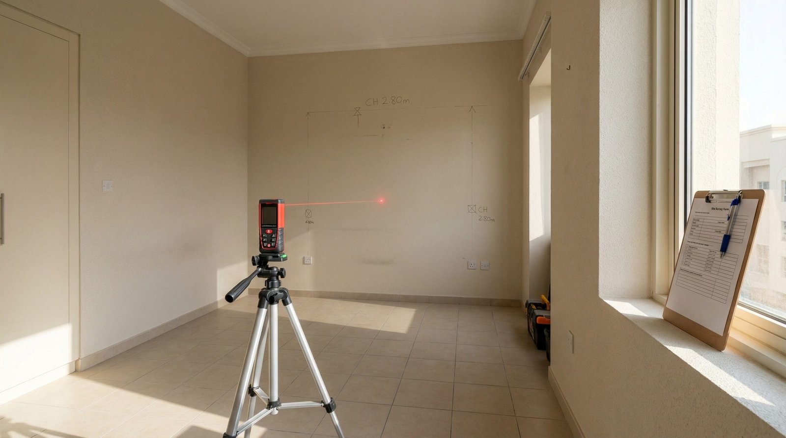 Initial sliding wardrobe consultation site survey with laser measuring and wall marking at UAE bedroom by Karnak Carpentry project manager