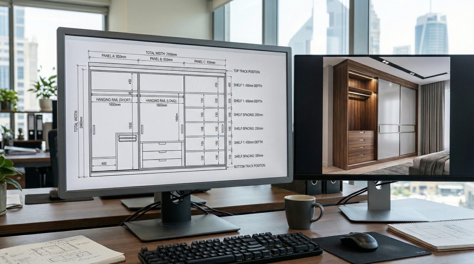 CAD sliding wardrobe elevation plan with door panel widths and interior layout on design workstation at Karnak Carpentry Dubai design studio