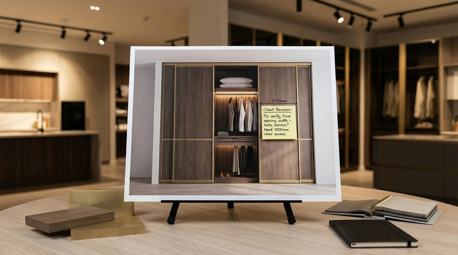 Printed 3D render of smoked oak sliding wardrobe design on presentation board with client revision note at Karnak Carpentry Dubai showroom