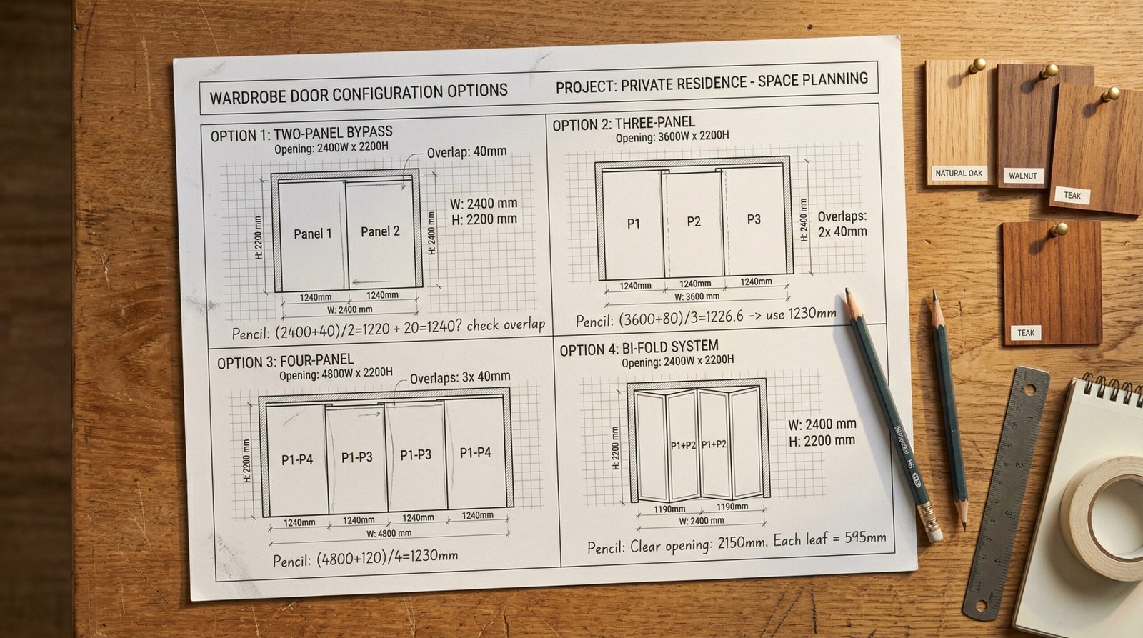 Sliding wardrobe door panel configuration planning sheet with two three and four panel layout options and dimension annotations at Karnak Carpentry Dubai design studio