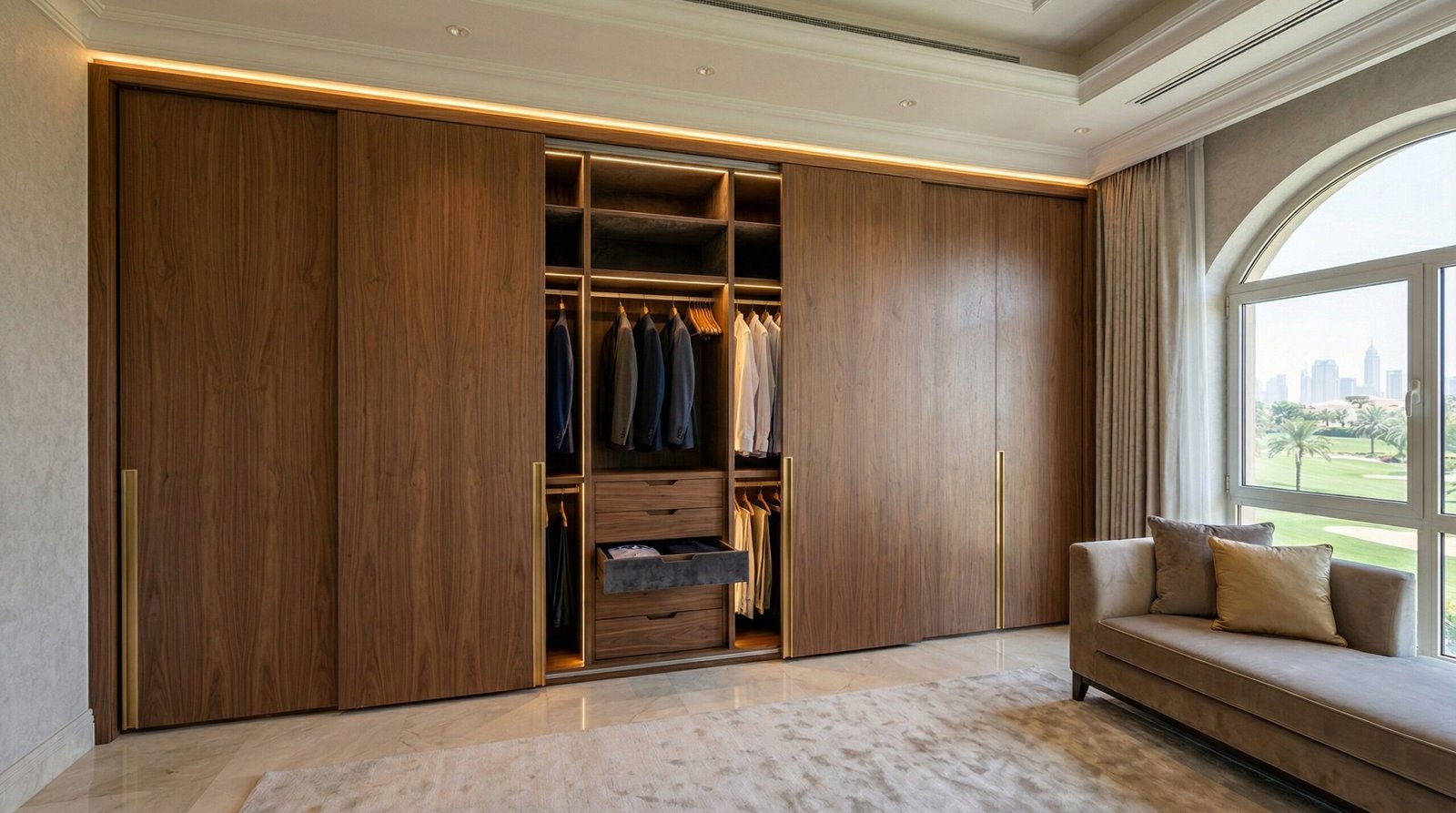 Six-panel floor-to-ceiling sliding wardrobe in bookmatched American walnut veneer with LED pelmet installed in Emirates Hills villa Dubai by Karnak Carpentry UAE