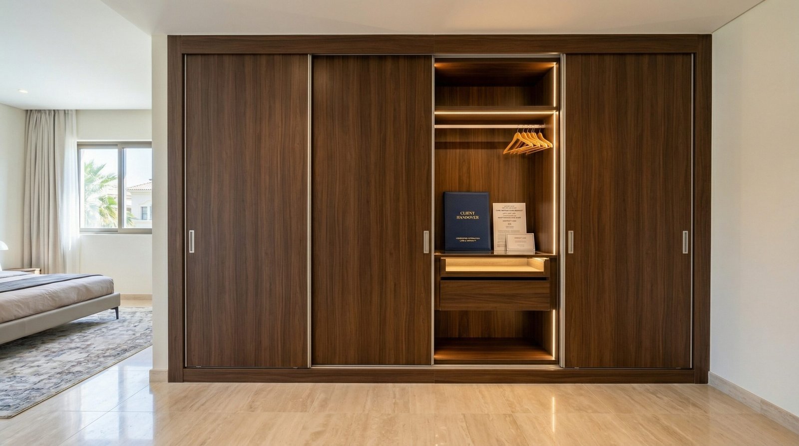 Completed sliding wardrobe at client handover stage with care instructions booklet and warranty card in Arabella Dubai villa by Karnak Carpentry UAE