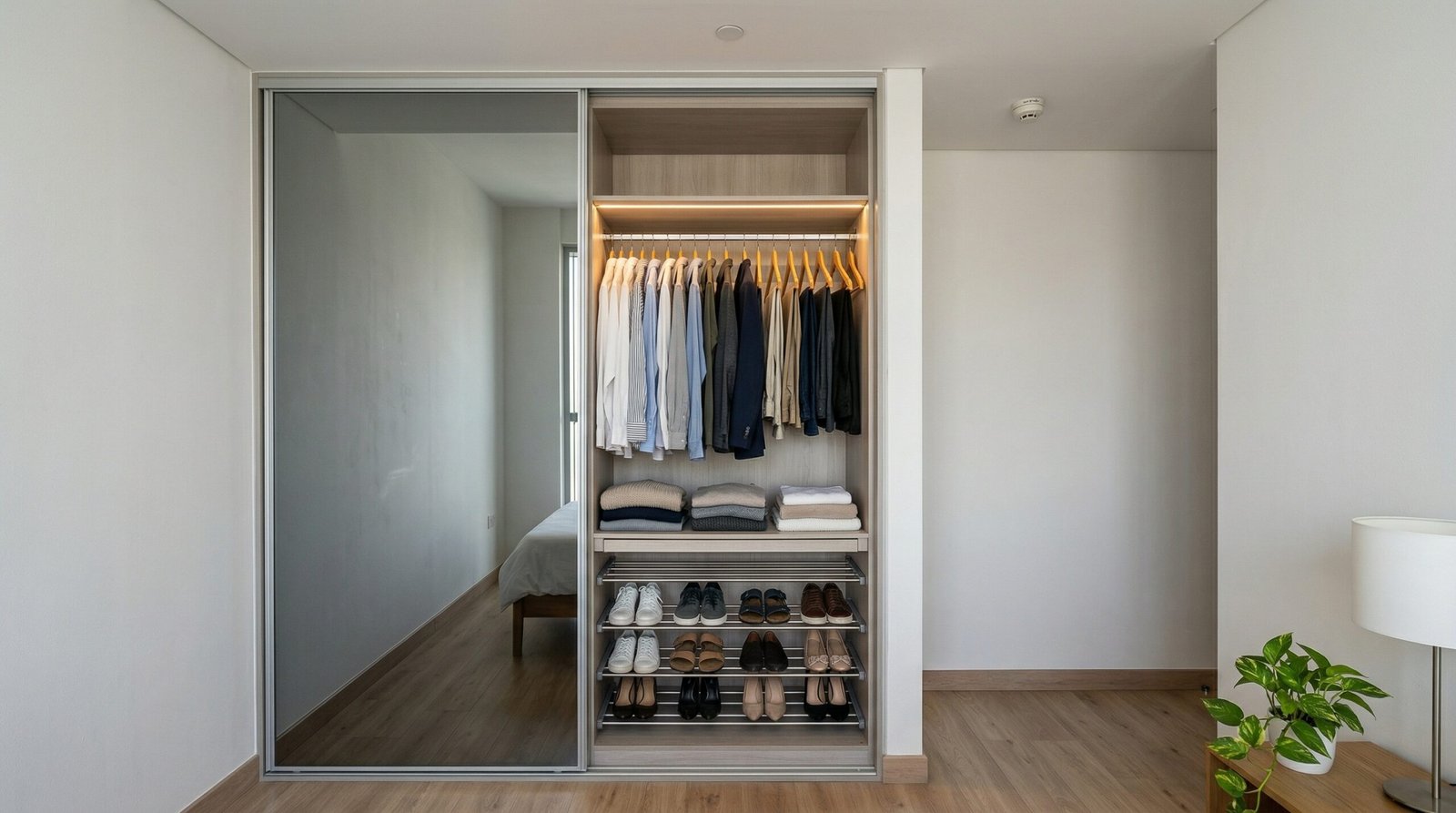 Two-panel smoked grey mirror sliding wardrobe with organised interior installed in Jumeirah Village Circle apartment by Karnak Carpentry Dubai UAE