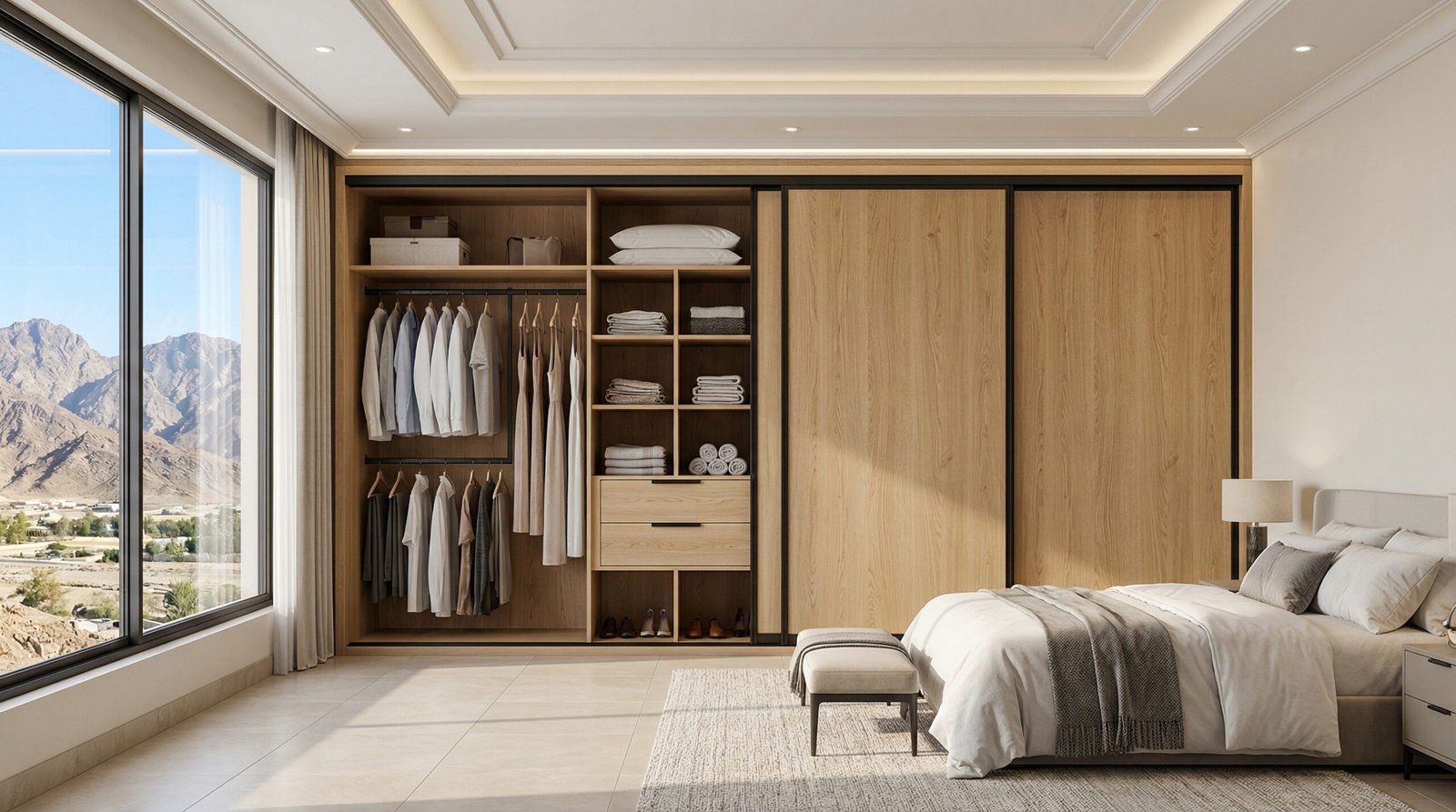 Three-panel natural oak veneer sliding wardrobe with black aluminium frame installed in RAK Properties villa Ras Al Khaimah by Karnak Carpentry UAE