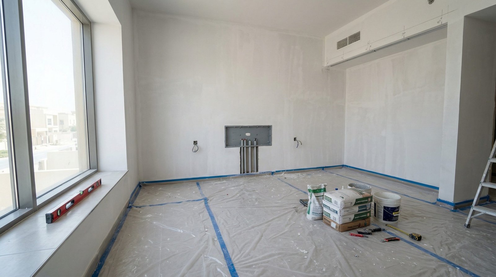 Master bedroom site preparation with primed wall, floor protection and LED back-box for sliding wardrobe installation by Karnak Carpentry UAE
